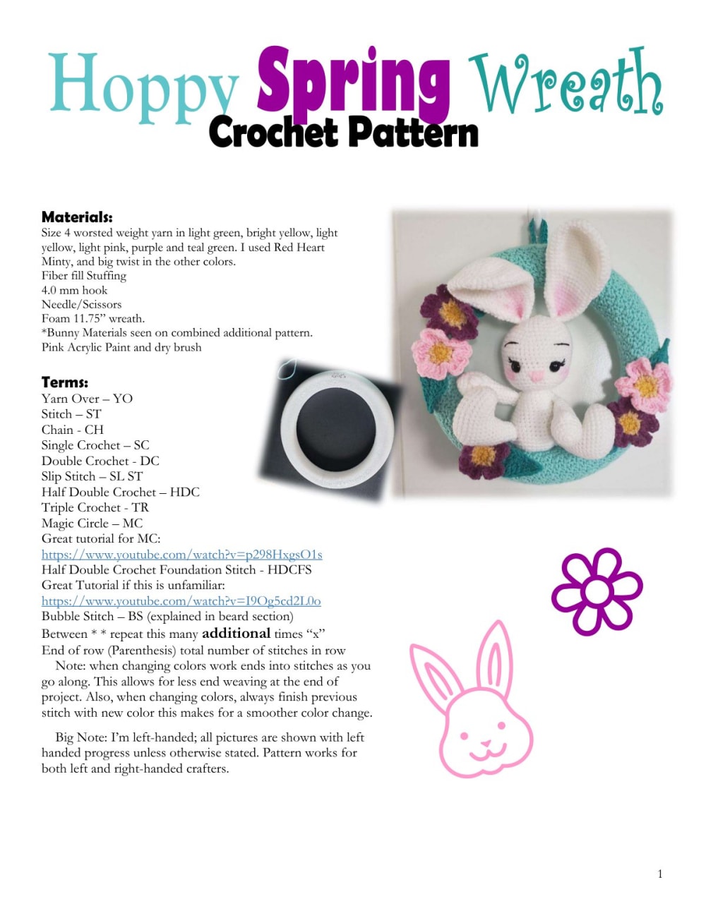 Mint green crochet spring wreath with pastel flowers and a bunny