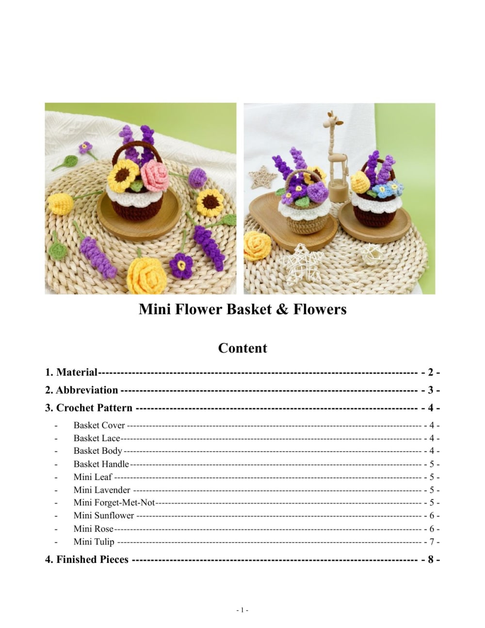 Two tiny crochet baskets filled with mini flowers