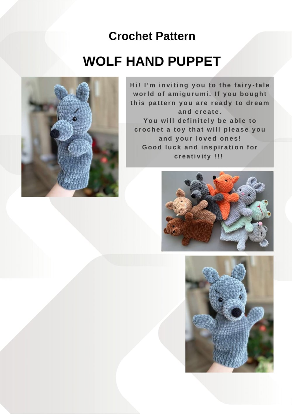 Grey plush crochet wolf hand puppet