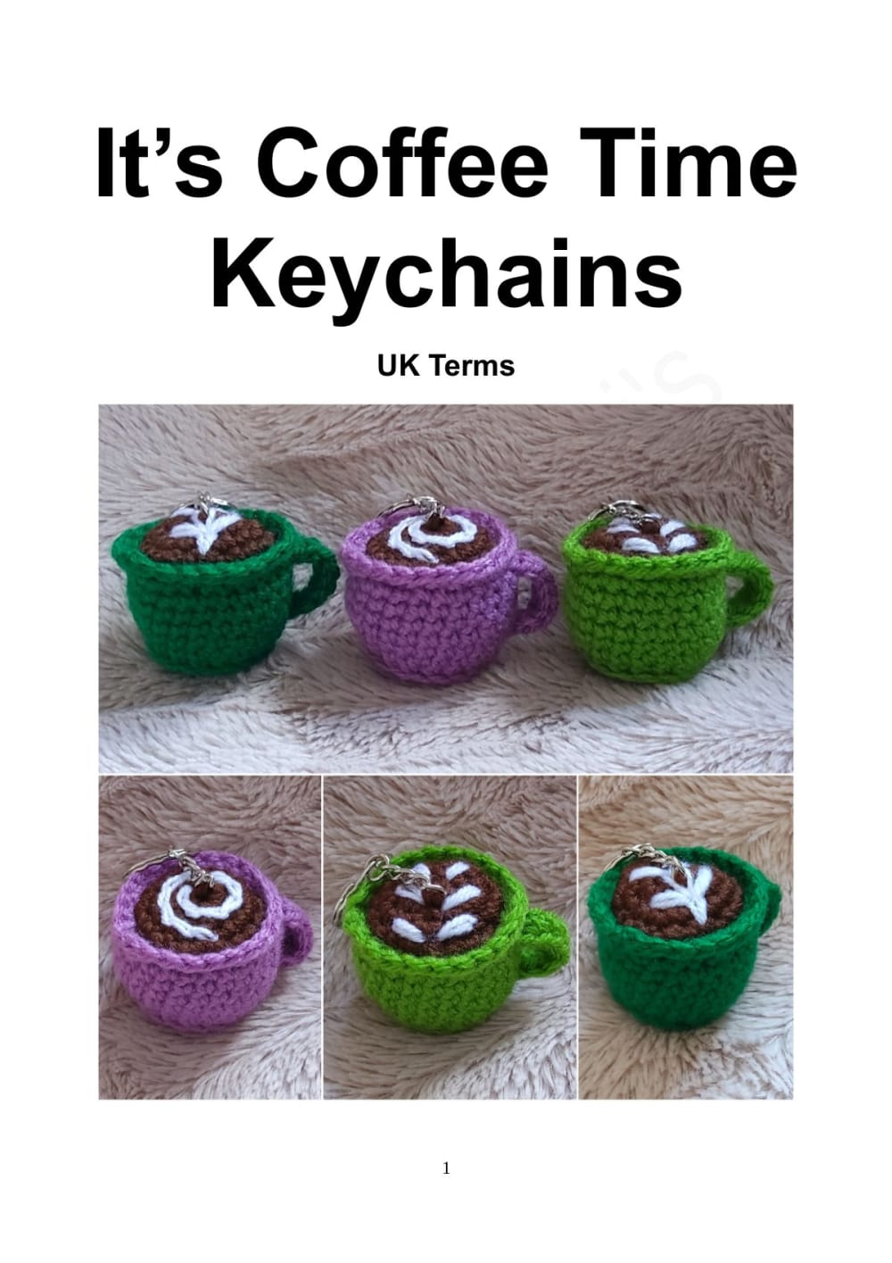 Mini crochet coffee cup keychains in green and purple with chocolate coffee and white latte hearts