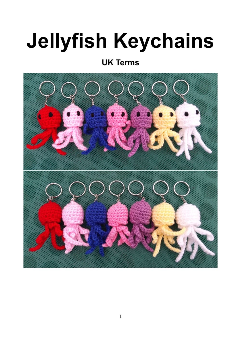 Row of colorful crochet jellyfish keychains with curly tentacles