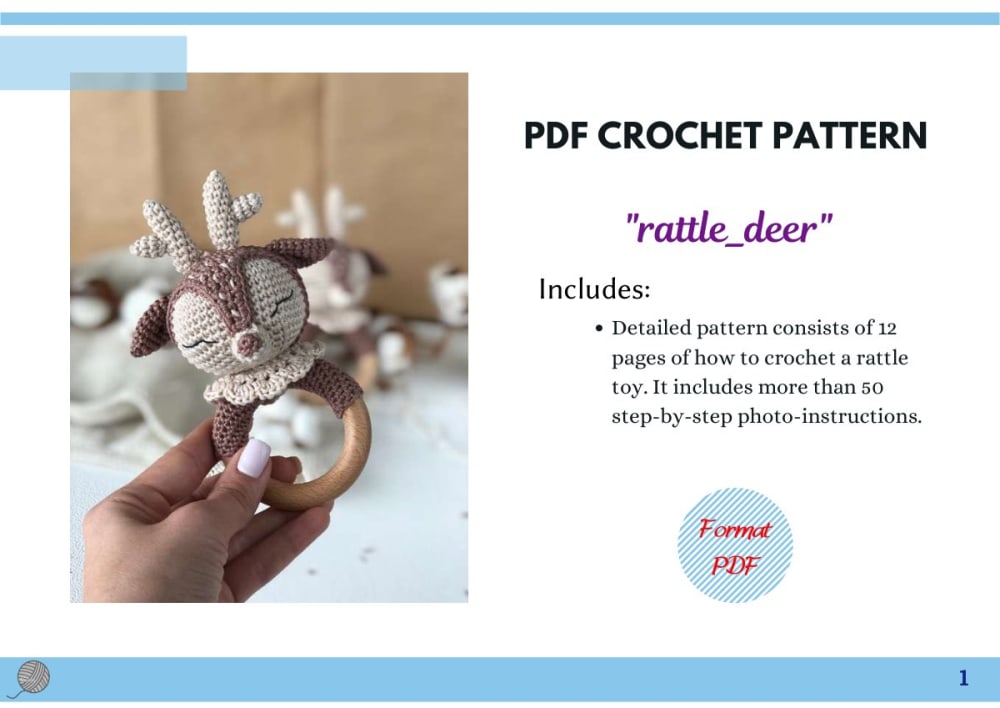 Crochet deer head rattle with antlers on a wooden ring