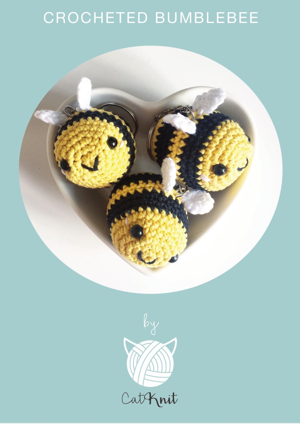 Three round crochet bumblebees with yellow and black stripes