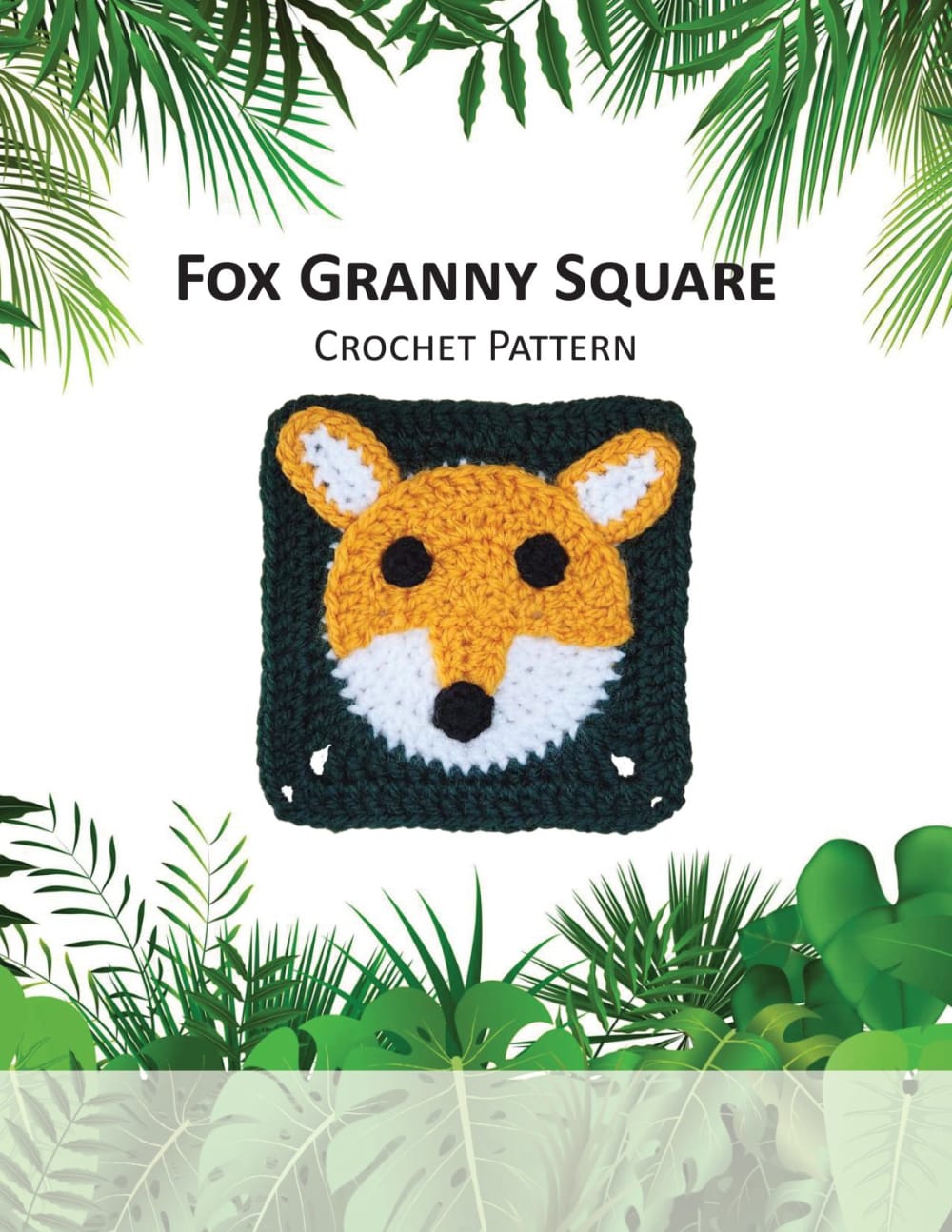 Granny square with an orange fox face on a black background