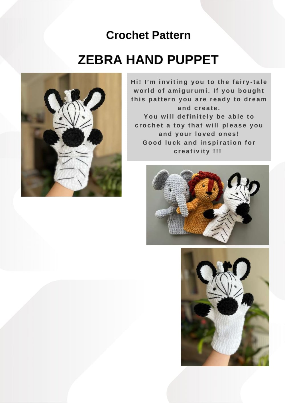 Black and white plush crochet zebra hand puppet