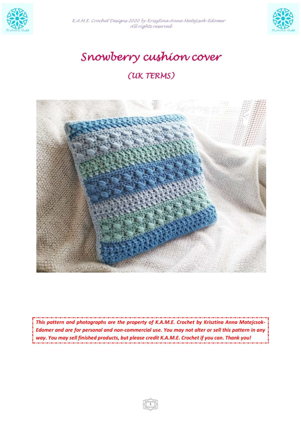 Snowberry crochet cushion cover in shades of blue and teal