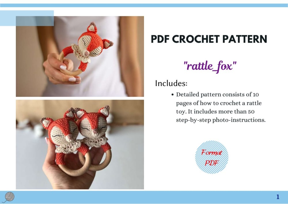 Orange crochet fox head rattle on a wooden ring