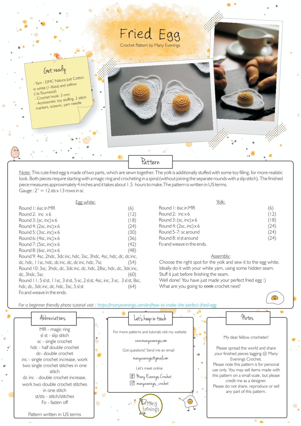 Crochet fried egg with a white egg white and a round yellow yolk