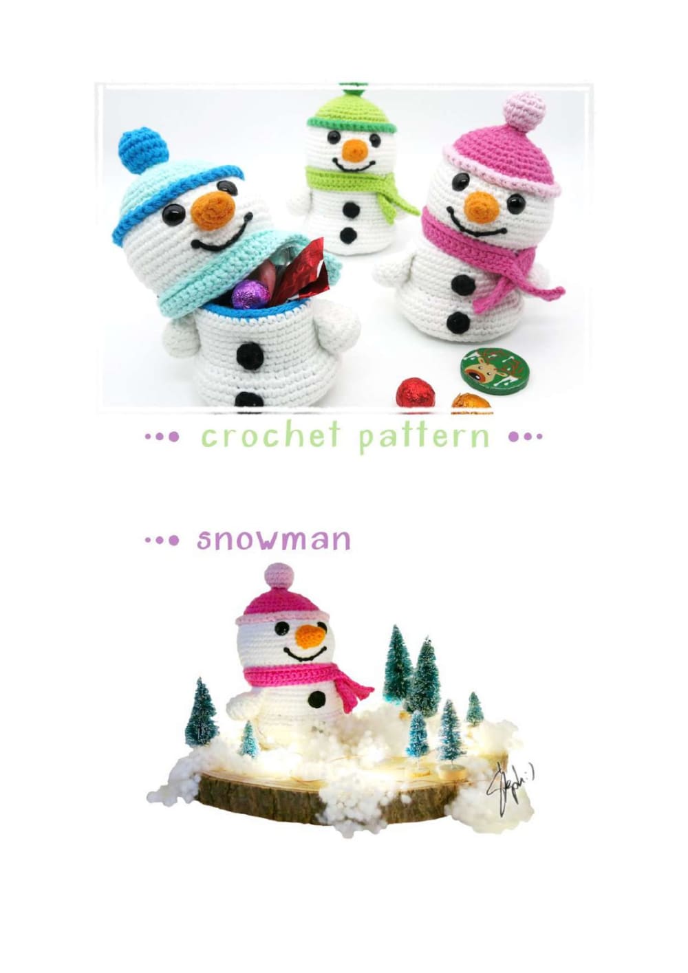 Group of crochet snowmen with colorful pom pom hats and scarves