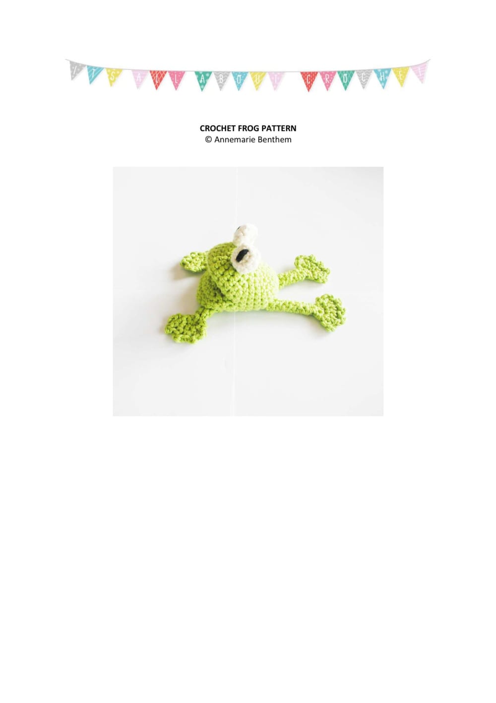 Small green crochet frog with big round eyes and long legs