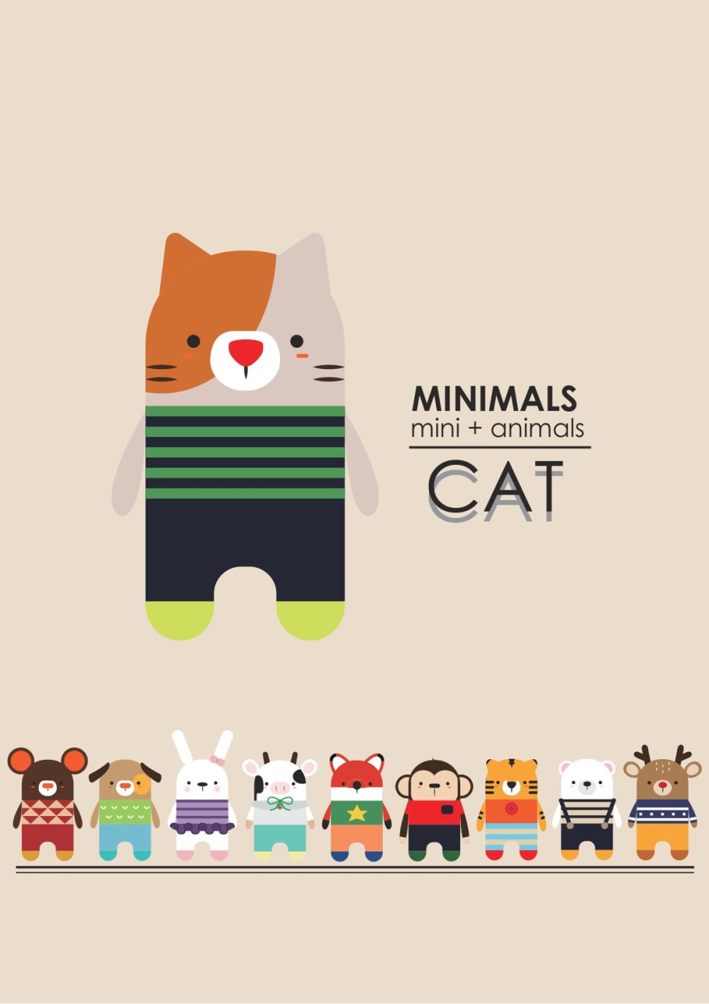 Minimals cat amigurumi in a striped sweater with a row of other mini animals
