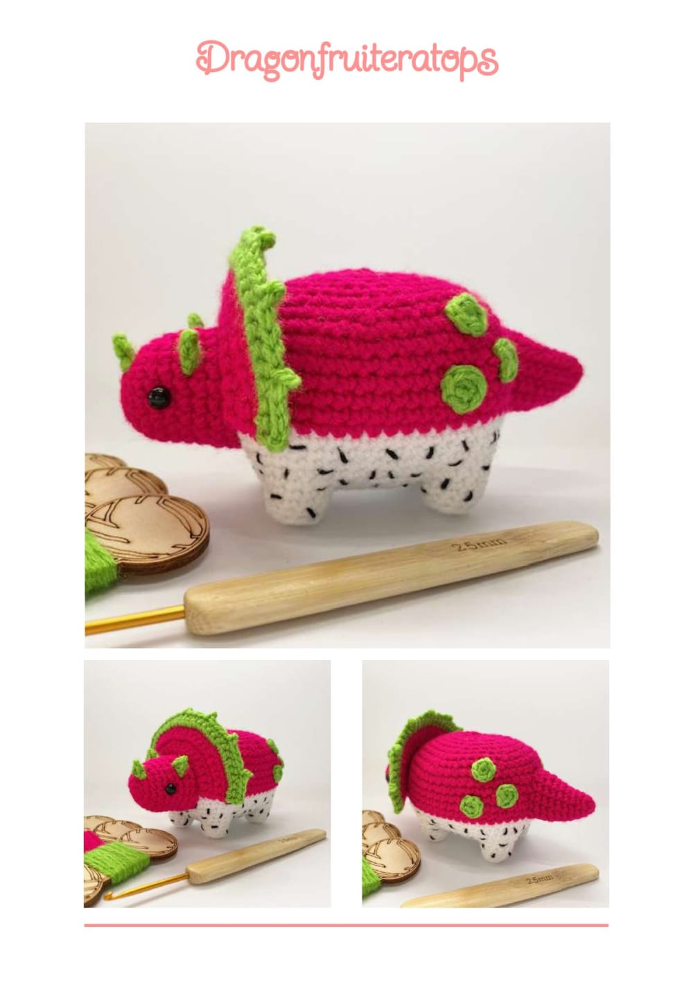 Pink crochet dinosaur that looks like a dragon fruit with green frills
