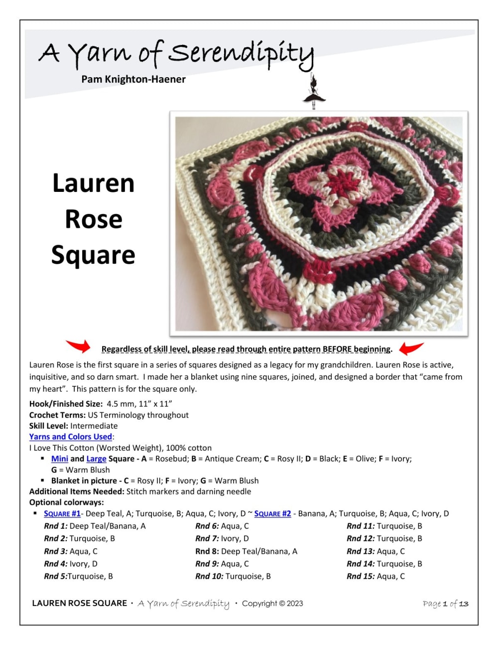 Lauren Rose crochet square in rose, cream and black