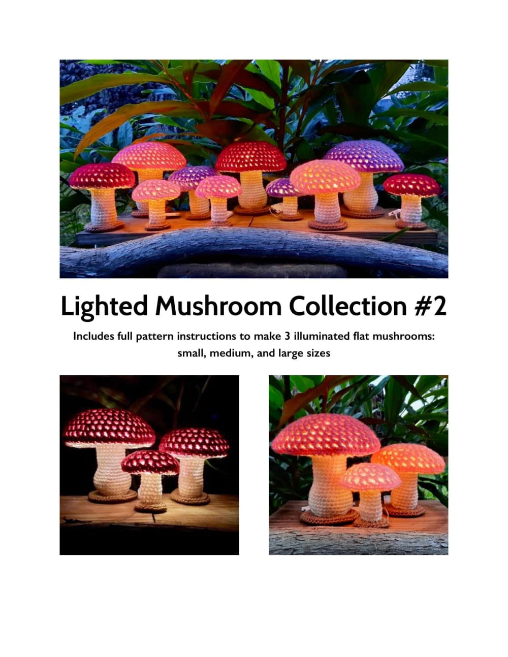 Glowing crochet mushrooms with red and white caps