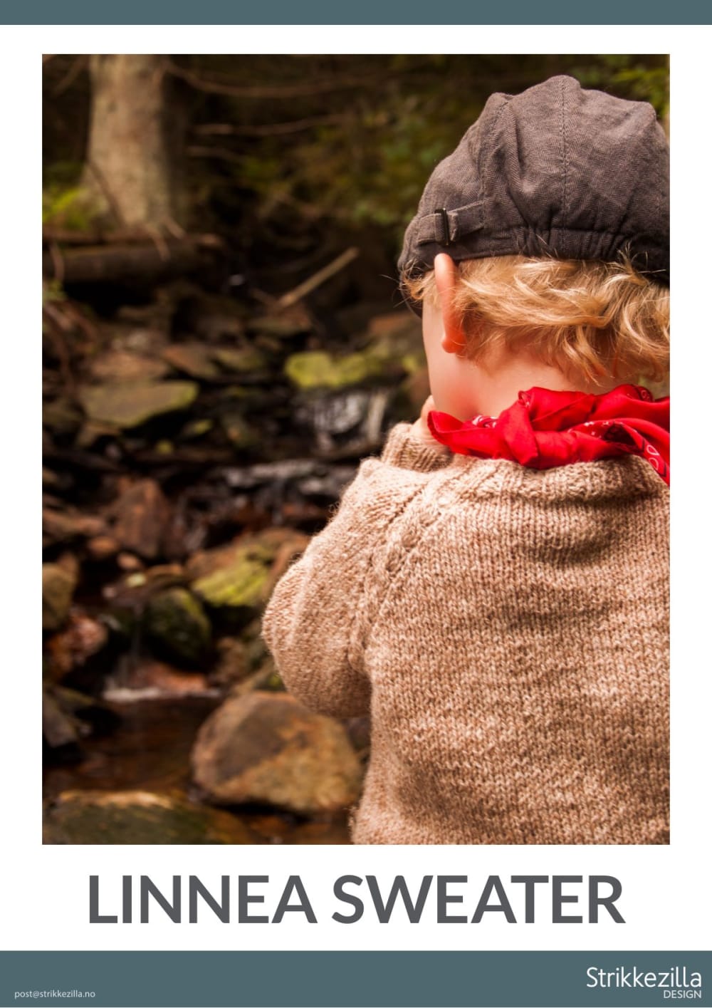 Child in a forest wearing the knitted Linnea sweater