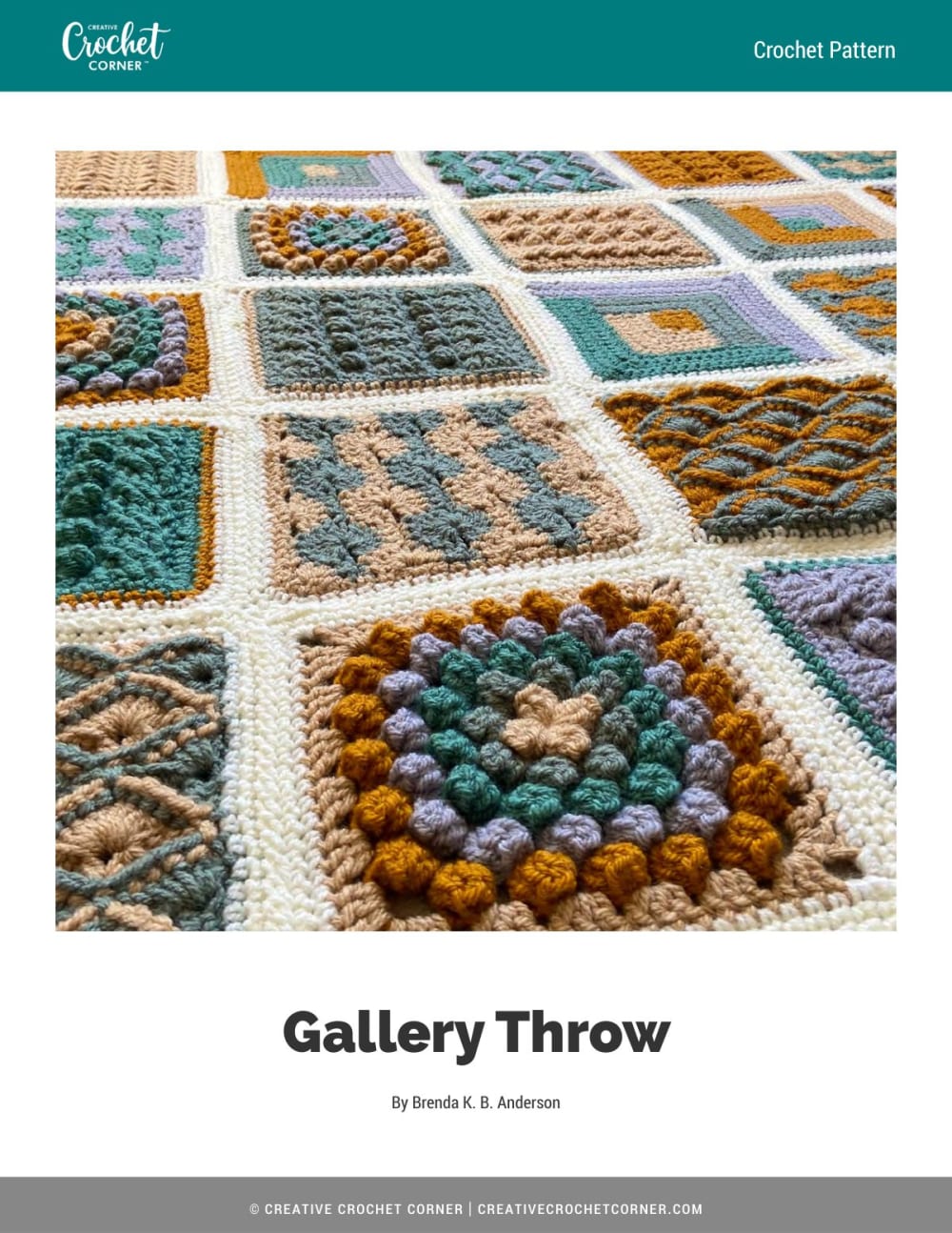 Colorful textured crochet throw with gold, green, caramel and grey squares