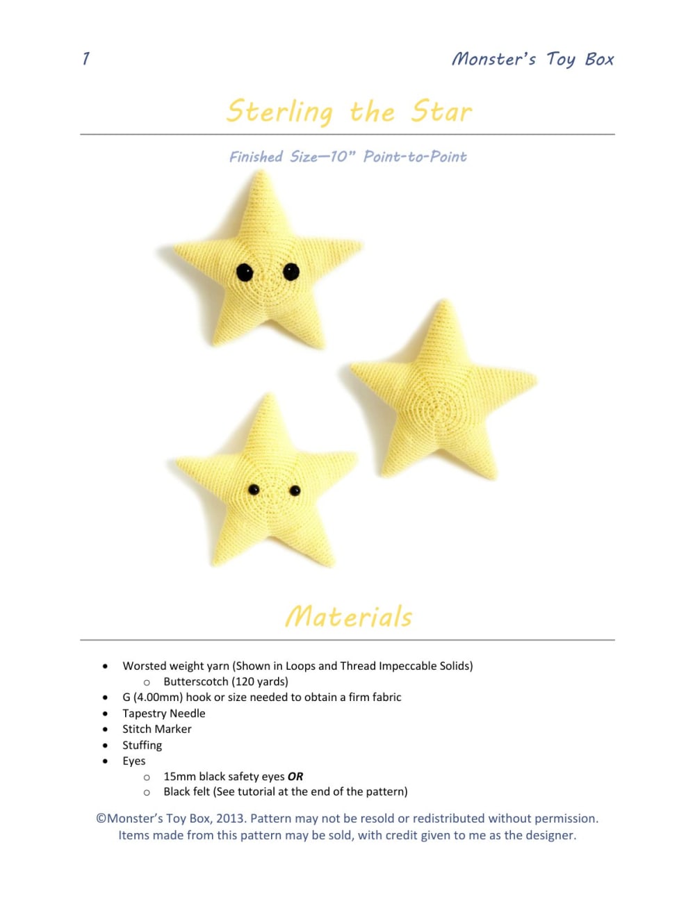 Three yellow plush crochet stars with black eyes