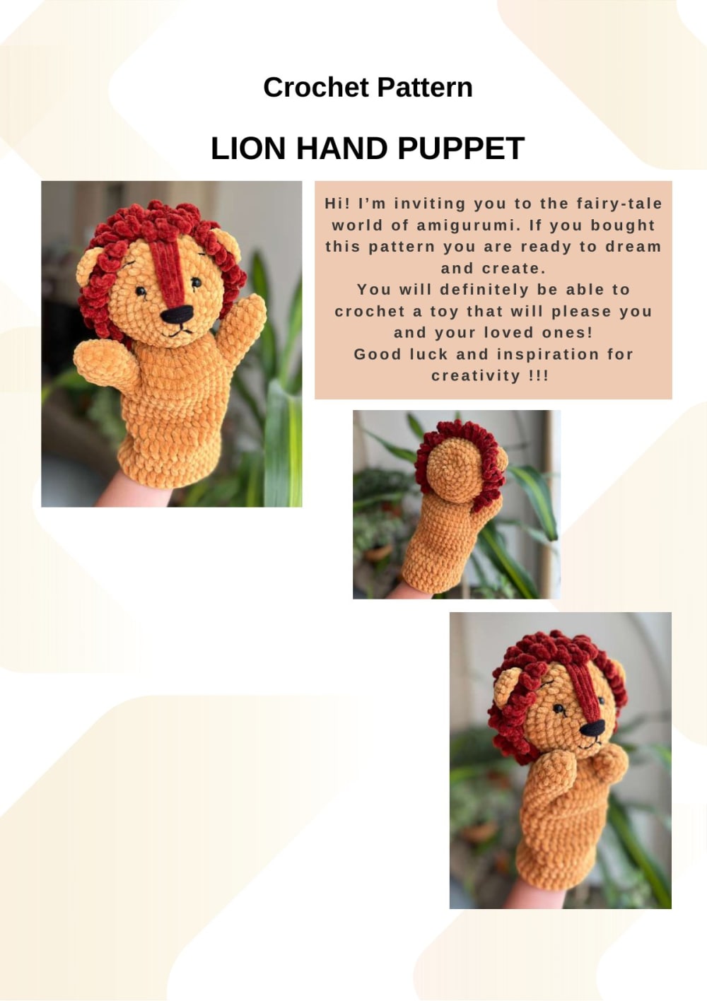 Crochet lion hand puppet with a fluffy brown mane