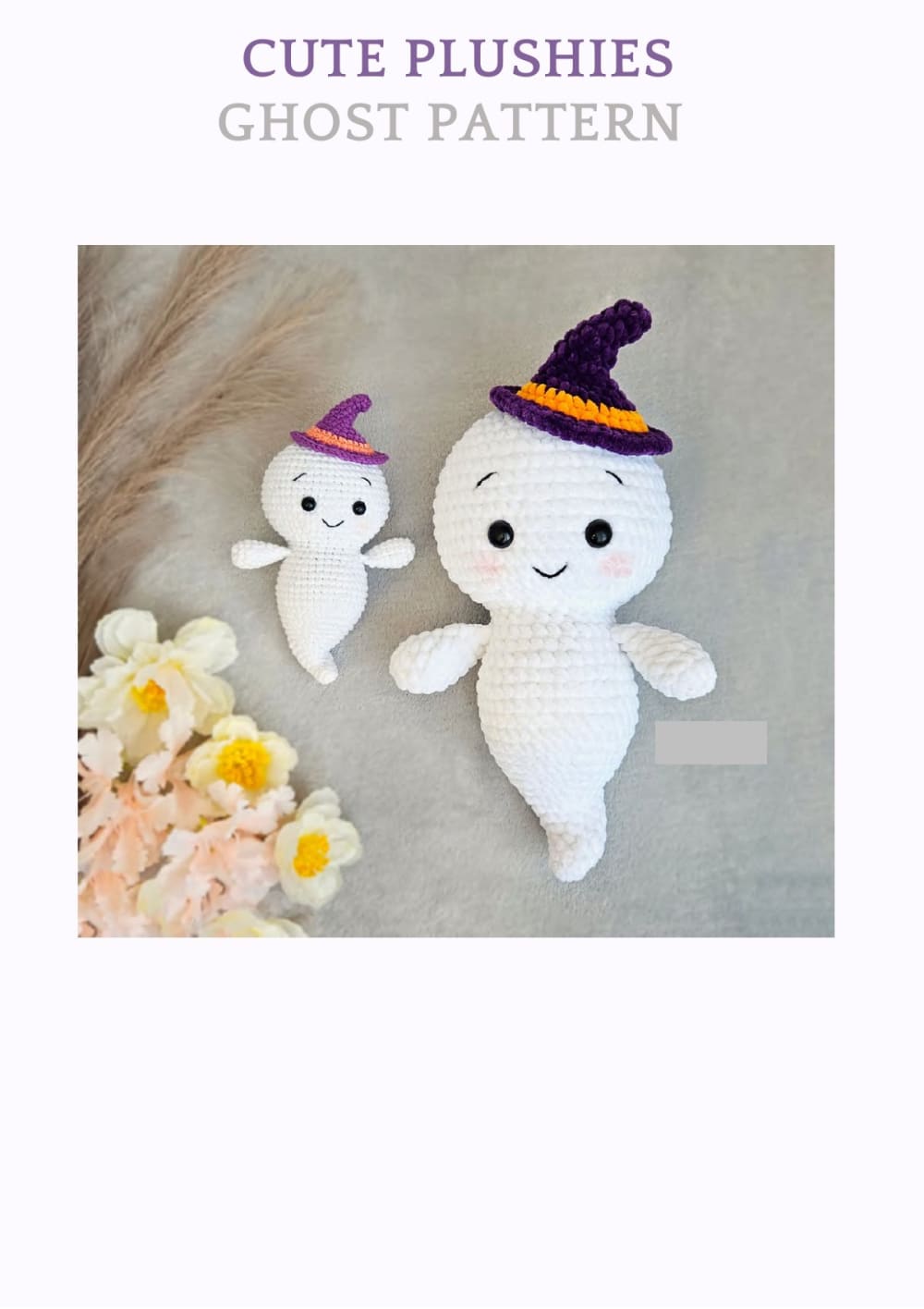 White plush crochet ghost wearing a purple witch hat with an orange band