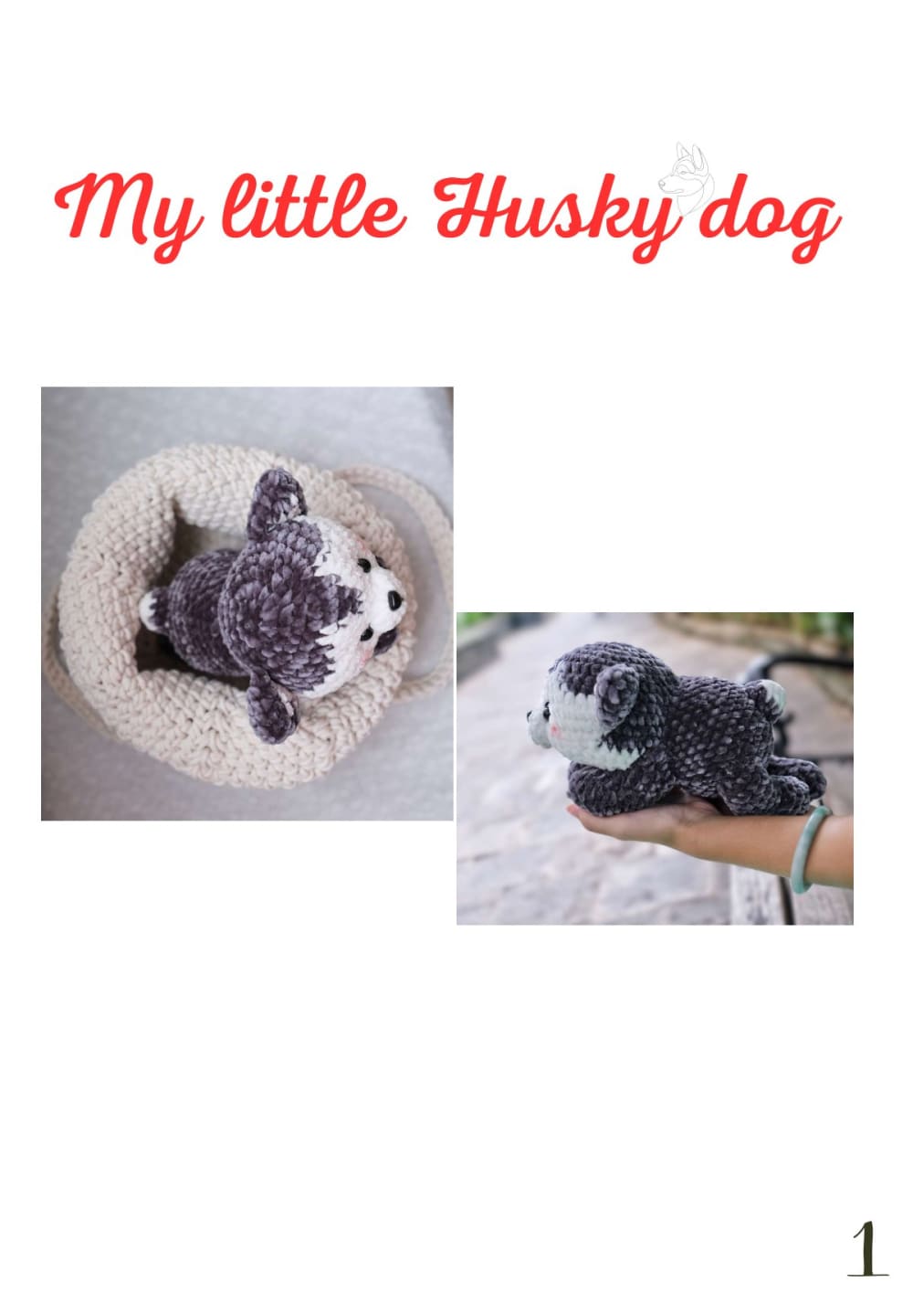 Gray and white crochet husky dog lying down