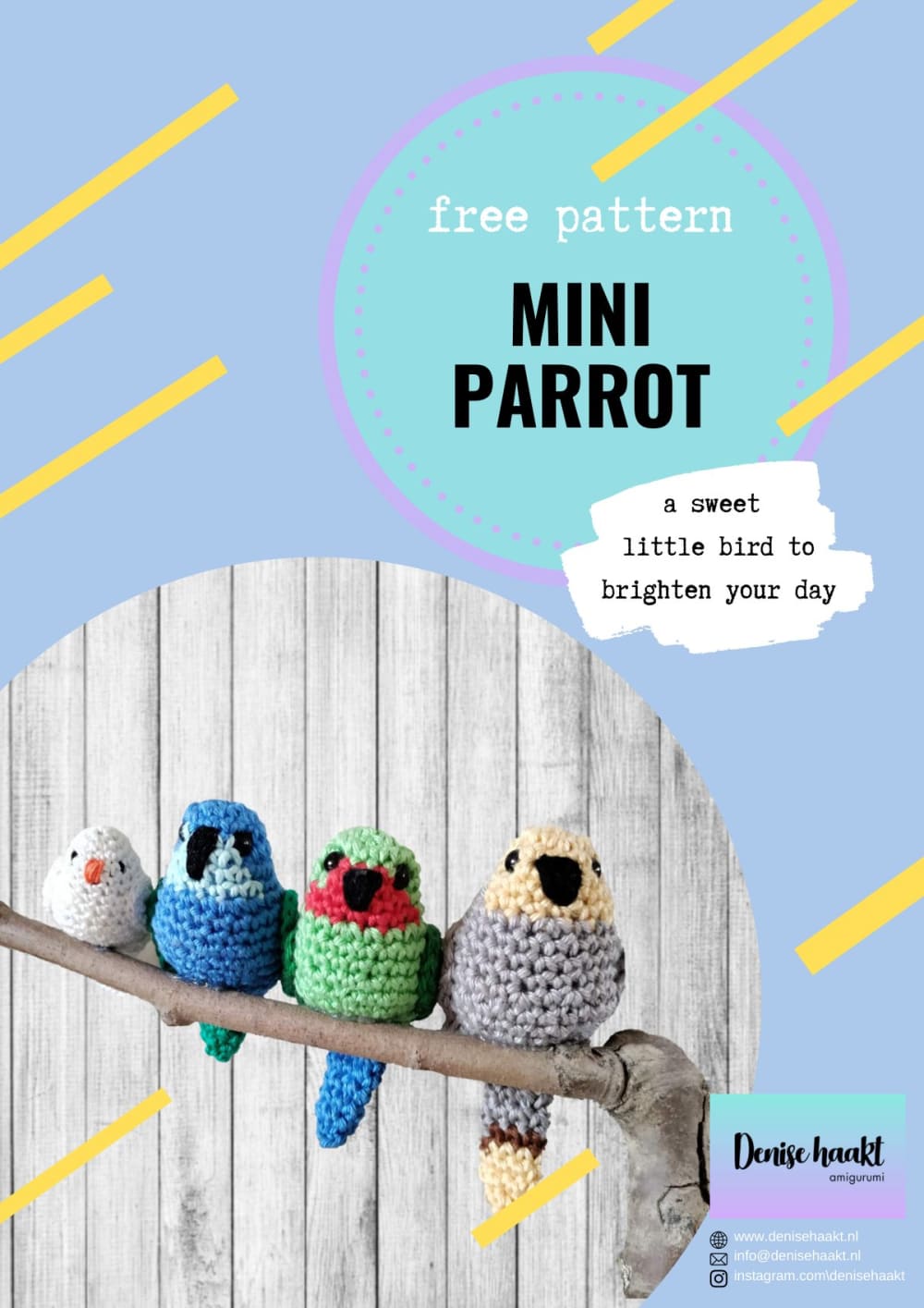 Row of tiny colorful crochet parrots sitting on a branch