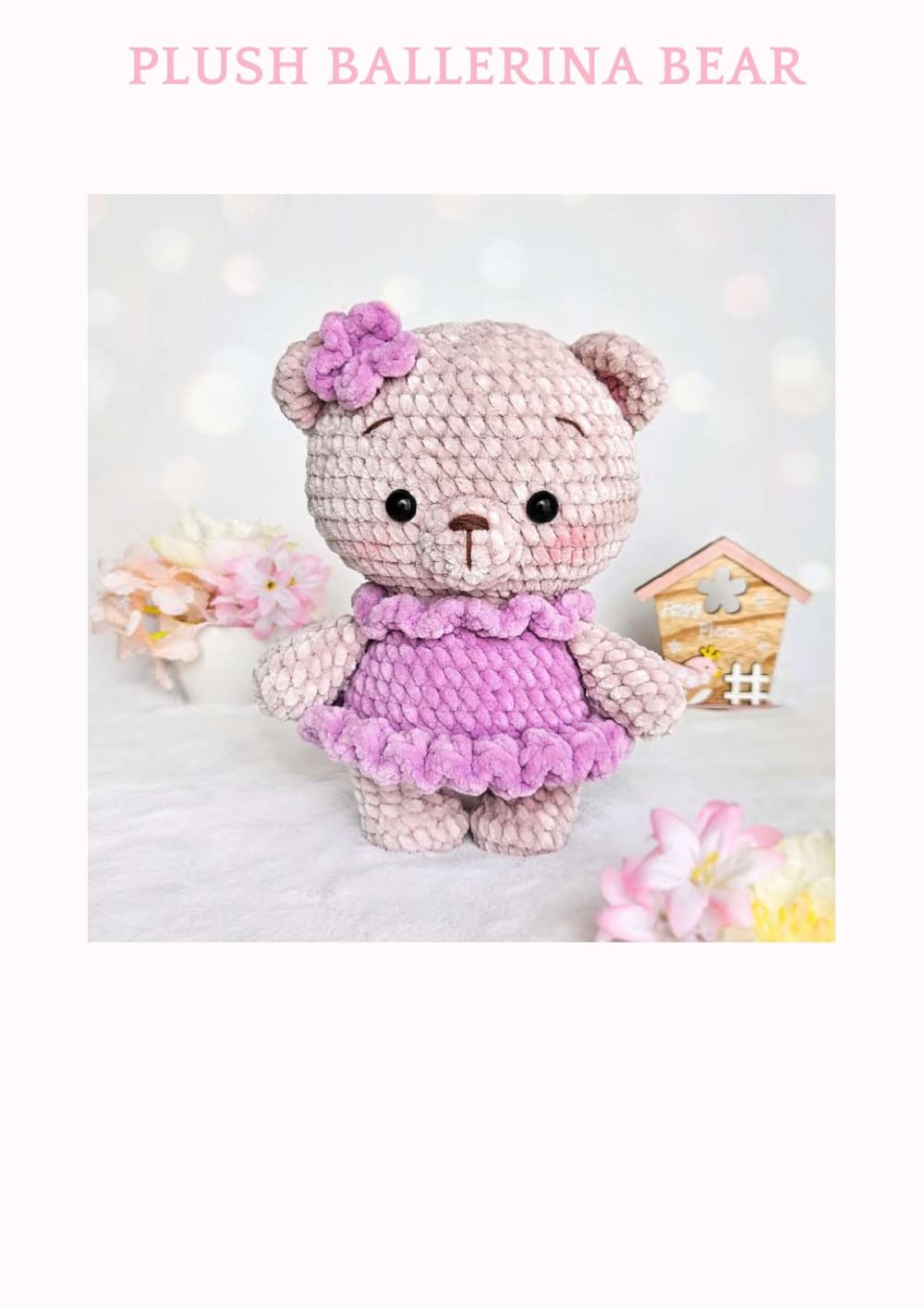 Plush beige ballerina teddy bear in a purple tutu