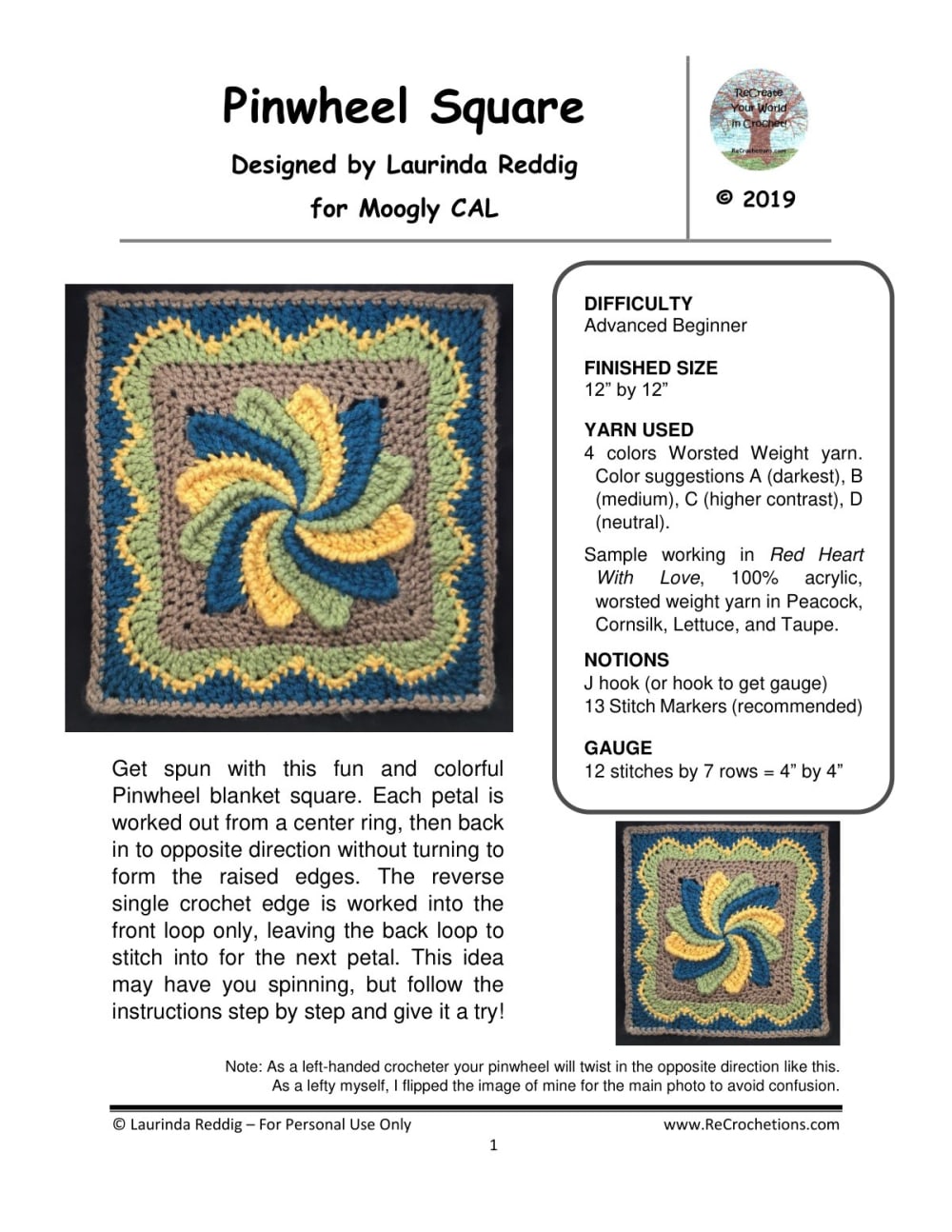 Colorful crochet pinwheel blanket square with raised swirling petals