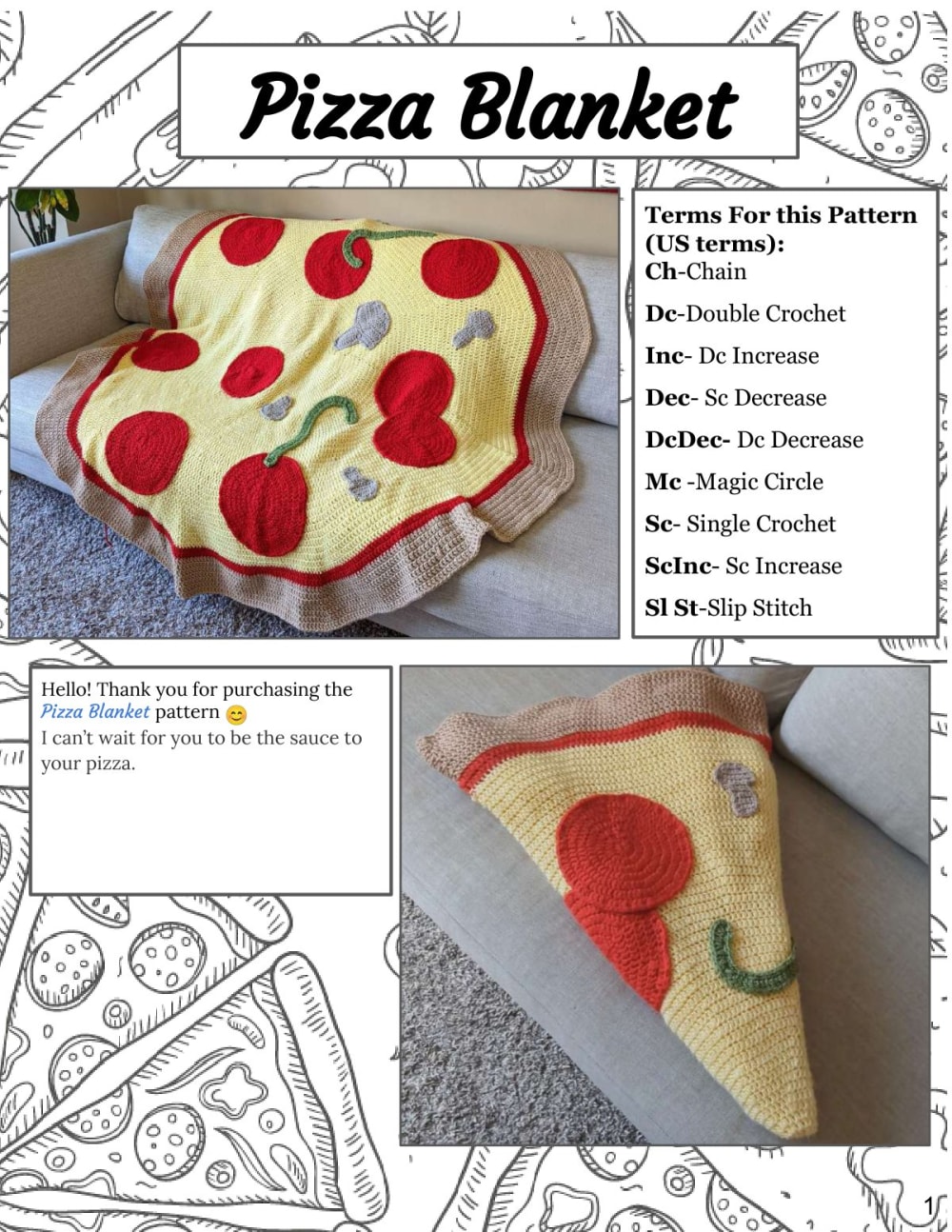Round crochet pizza blanket with red pepperoni on yellow cheese