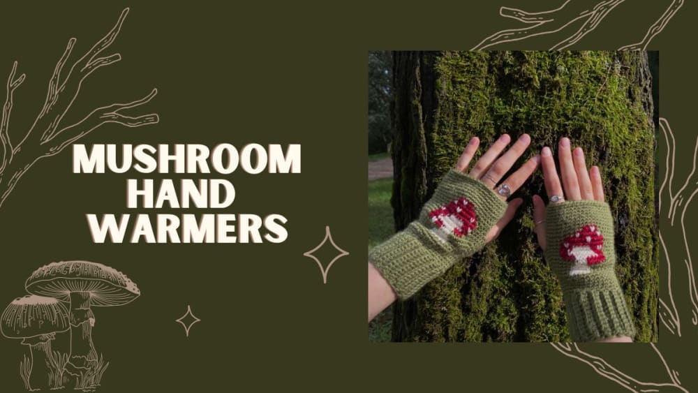 Green fingerless hand warmers with a red mushroom motif worn by a woodland plant
