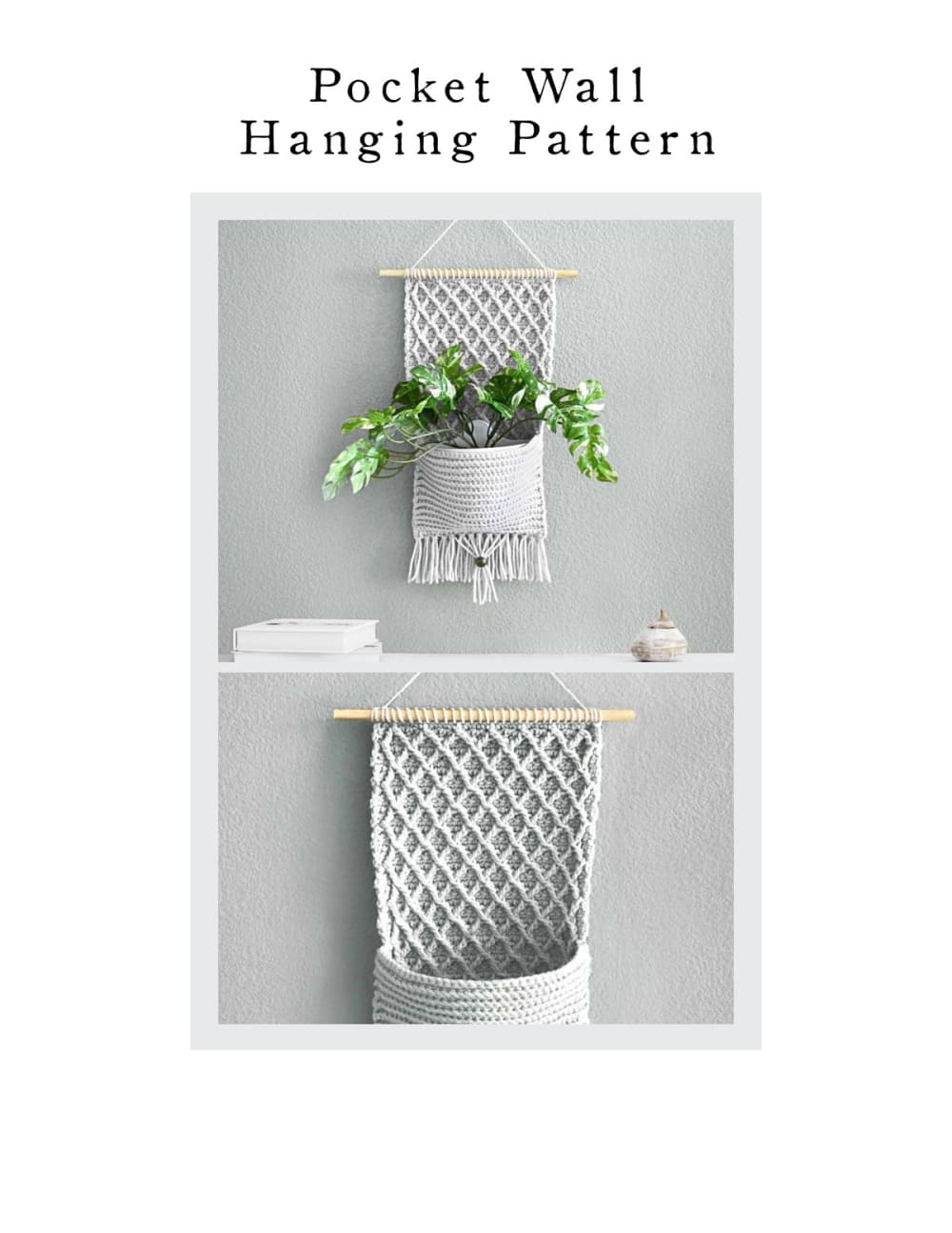 Gray crochet pocket wall hanging with a plant on a wooden dowel