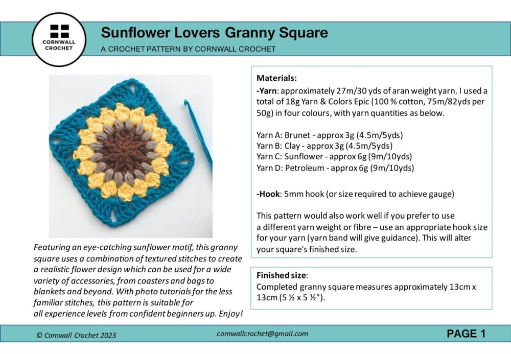 Granny square with a yellow and brown sunflower on a teal background