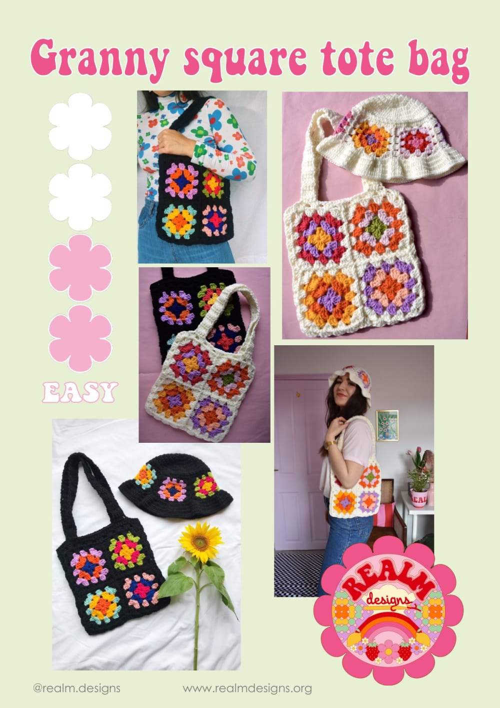 Black granny square tote bags with bright flower squares