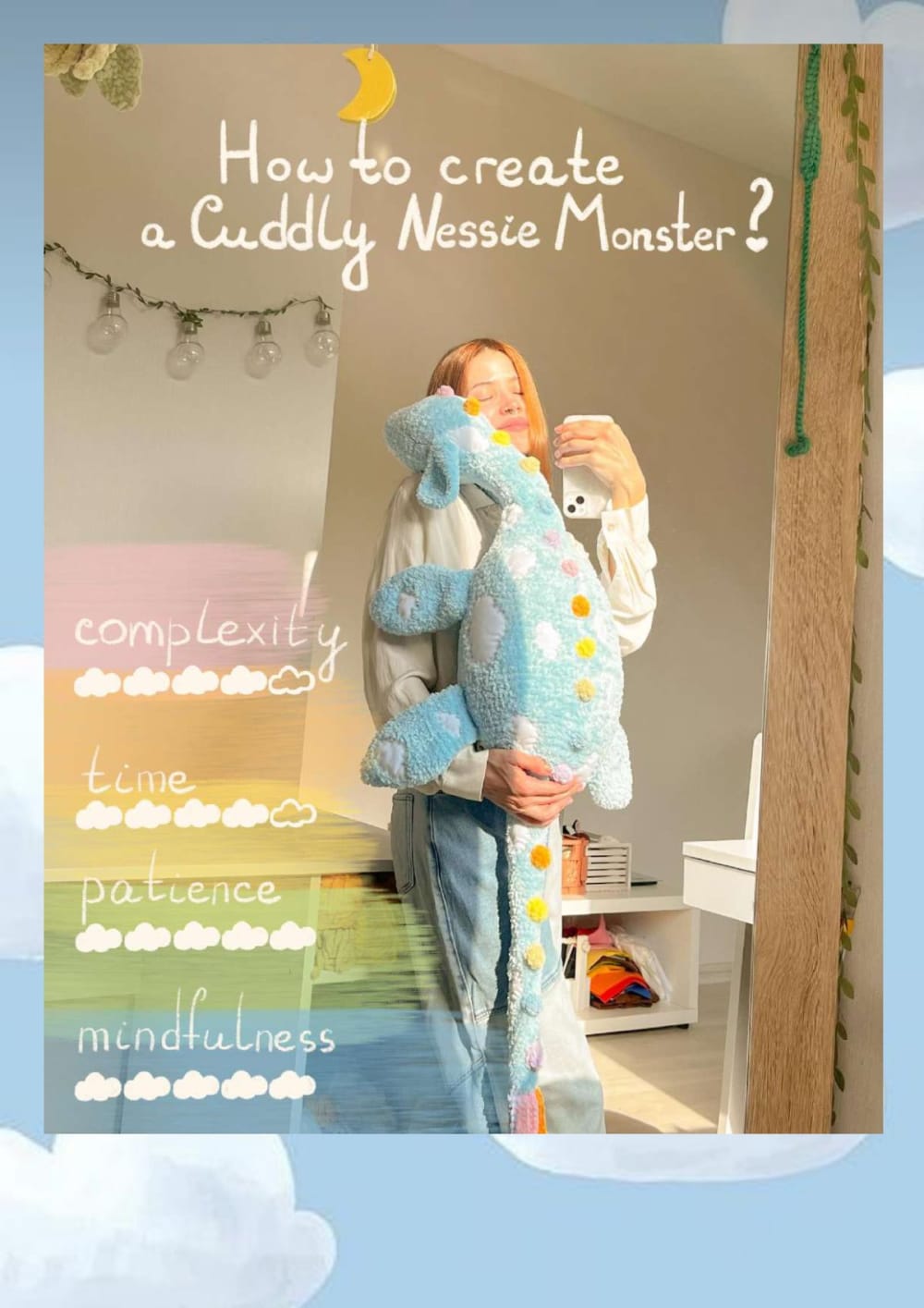 Woman holding a large blue fluffy Nessie monster plush