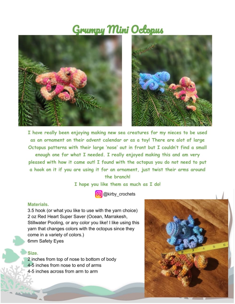 Small crochet octopuses in pink and blue with grumpy faces