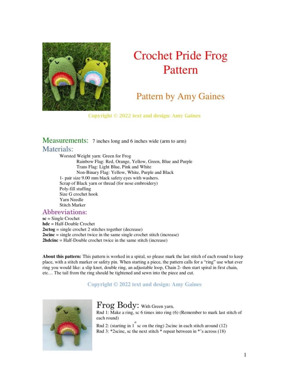 Green crochet frogs holding rainbow pride flag patches