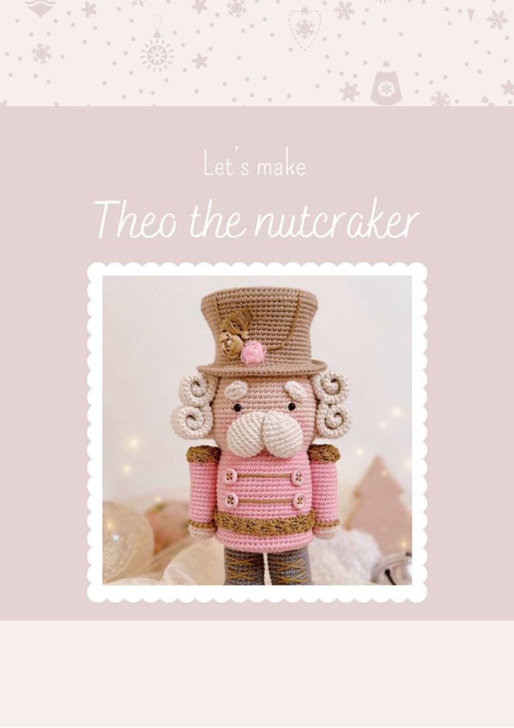 Theo the nutcracker in a pink jacket with a tall beige hat