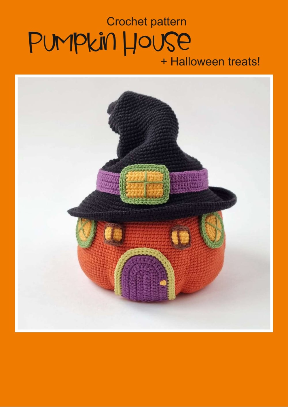 Crochet pumpkin house with a black witch hat roof and a purple door