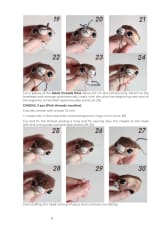 Photo steps showing the cheeks and eyes being attached to the crochet dinosaur head