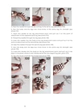 Photo steps showing the legs being sewn onto the crochet ankylosaurus body
