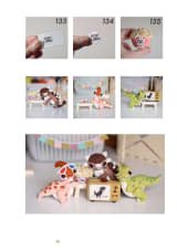 Crochet dinosaurs sitting in front of a toy television, with the popcorn bucket steps above