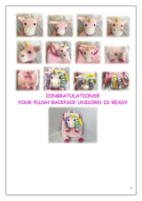 Collage of the finished pink unicorn backpack faces, mane strands and a rainbow tail