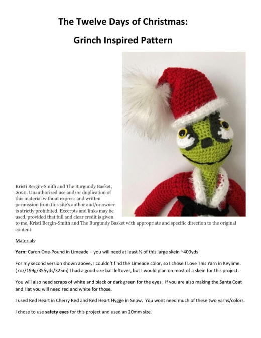 Grinch-inspired green crochet amigurumi doll wearing a red Santa coat and hat with a white pompom