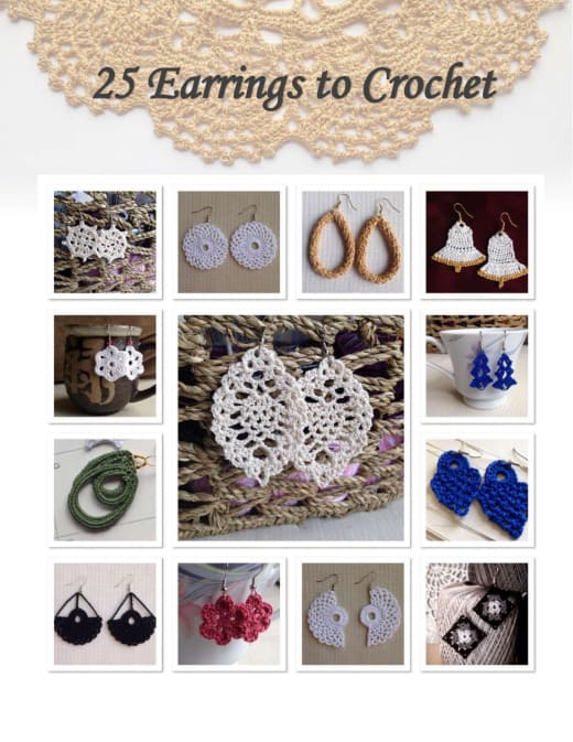 Crochet earrings collection cover with a grid of white, blue, green and black thread earrings