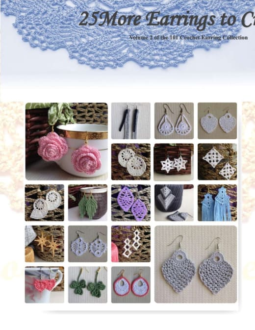 Cover of 25 More Earrings to Crochet showing a grid of white, pink, blue and green thread earrings
