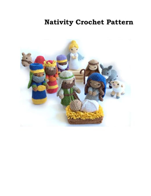 Crochet nativity set with Mary, Joseph, wise men, an angel, a camel, a lamb and a manger