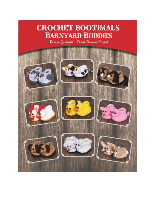 Book cover with nine pairs of crochet animal booties on a wooden background