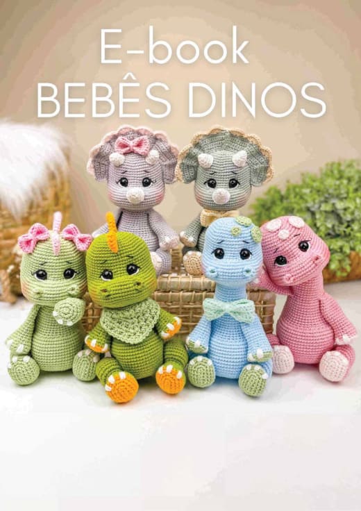 Cover of the Baby Dinos e-book showing green, blue and pink amigurumi dinosaurs with bows and bibs