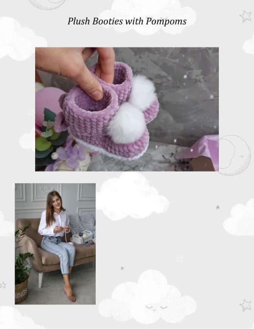 Pink and grey plush crochet baby booties with white pompoms held in a hand