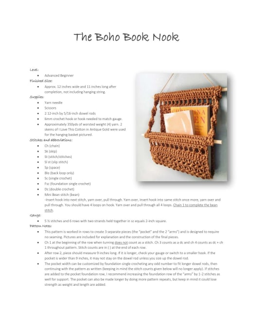 Antique gold boho crochet hanging book nook with a magazine and book in the pocket