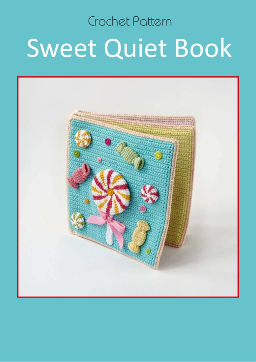 Crochet sweet quiet book cover in turquoise with a large lollipop, wrapped candies and a pink bow